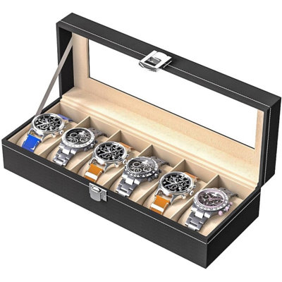 Coffret de présentation pour montres pour hommes, boîte de rangement en cuir, plateau de voyage pour montres, support de rangement pour collection de montres (cuir noir, 6 emplacements)