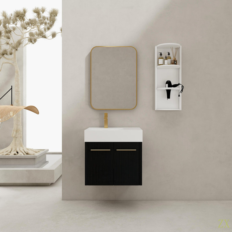 Meuble-lavabo mural 24 po avec lavabo et support de rangement, lavabo à rebord épais en résine gauche, ensemble KD, 24"