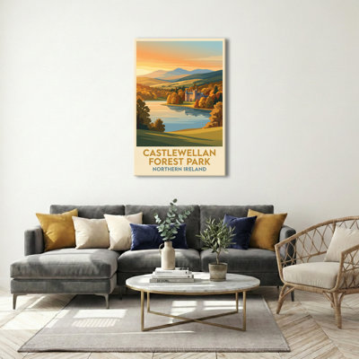 Castlewellan Forest Park, Northern Ireland - Sunlit Lake And Castle Vintage Travel Poster. Giclee Print On Wrapped Canvas. Wall Art, Home Decor - Parks & Gardens, Northern Ireland - Wrapped Canvas Print