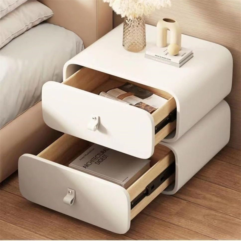 19.7-inch Modern Minimalist Nightstand, Solid Wood Rectangular Bedside Table with Leather Drawer and Rounded Corners, No Assembly Required
