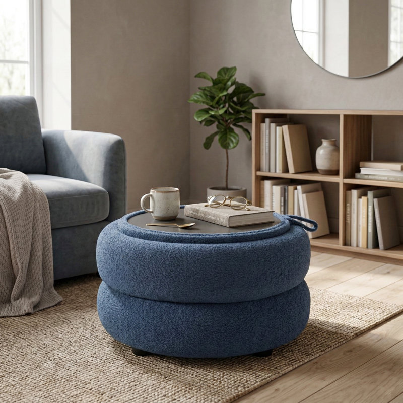 Round Coffee Table With Storage, Navy Teddy