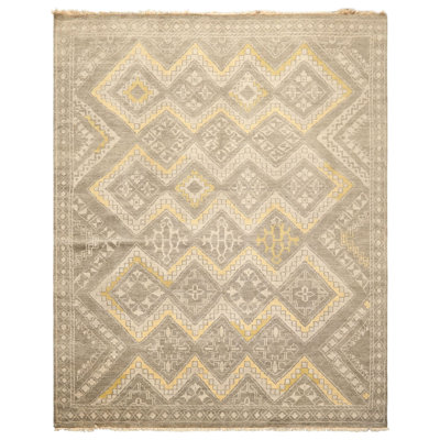 Tapis Oushak en laine noué à la main, gris mousse et or, 2,41 m x 2,97 m
