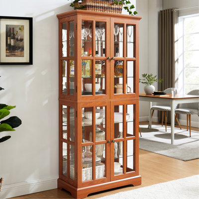 Vitrine antique en verre de chêne foncé, tablettes réglables, portes à double ouverture, éclairage, présentoir de salle à manger de style américain avec tablettes et ampoule E26 pour la présentation des textiles