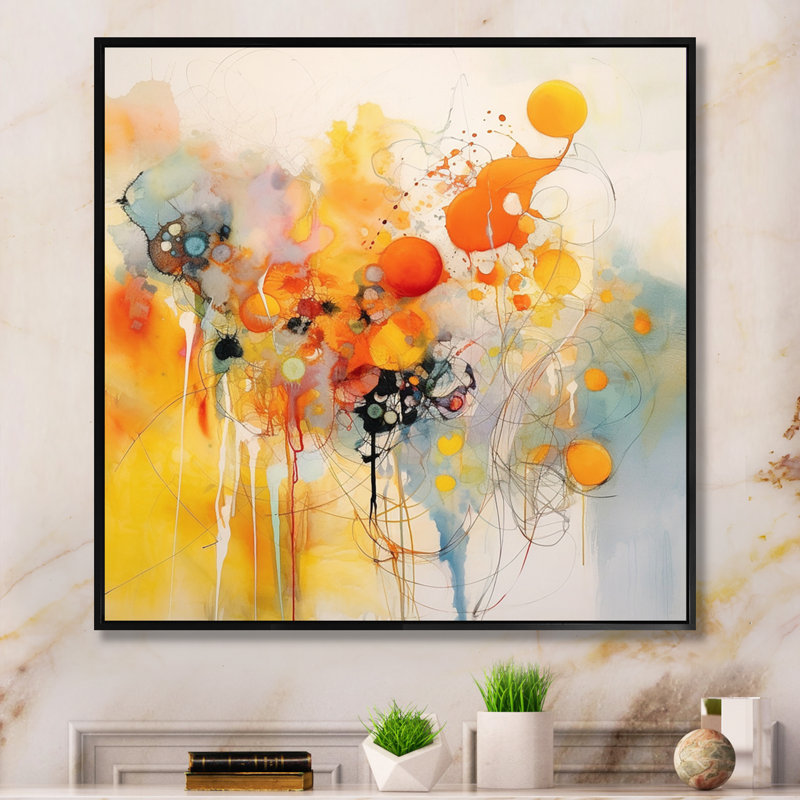 Orange and Yellow Color Whirls III - Abstract Minimalism Canvas Wall Art, 34" H x 44" W x 1.5" D, Black Floater Framed