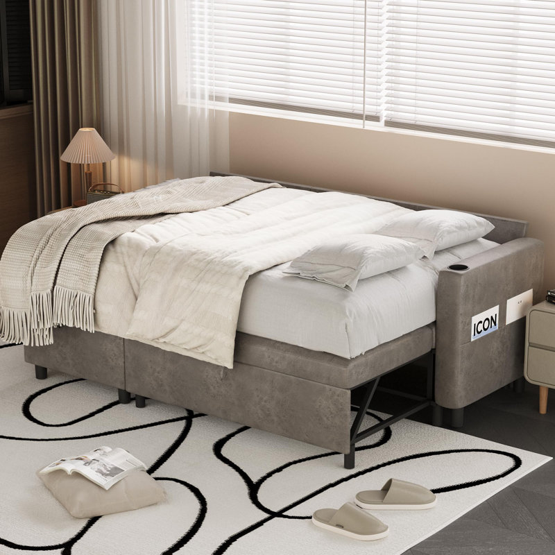Canapé-lit convertible 83,5 po avec lit escamotable, Cuir gris