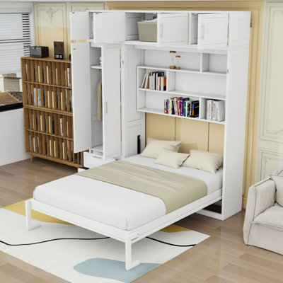 Lit escamotable en bois avec armoire, armoire, tablettes et tiroirs