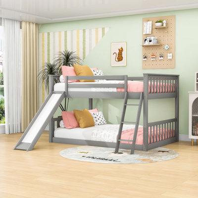 Full Over Full Wood Bunk Bed With Slide, Full-Length Guardrails And Ladder