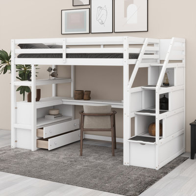 Lit mezzanine en bois de pin avec bureau, tablettes, escalier de rangement, deux tiroirs intégrés