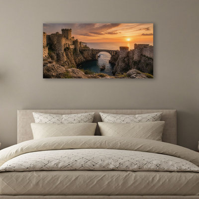 Canvas Wall Art Medieval Castle Stone Bridge Calm Cove Sunset Wall Decor for Living Room Bathroom Bedroom Office 20"H x 40"W Art Paintings, Ready to Hang
