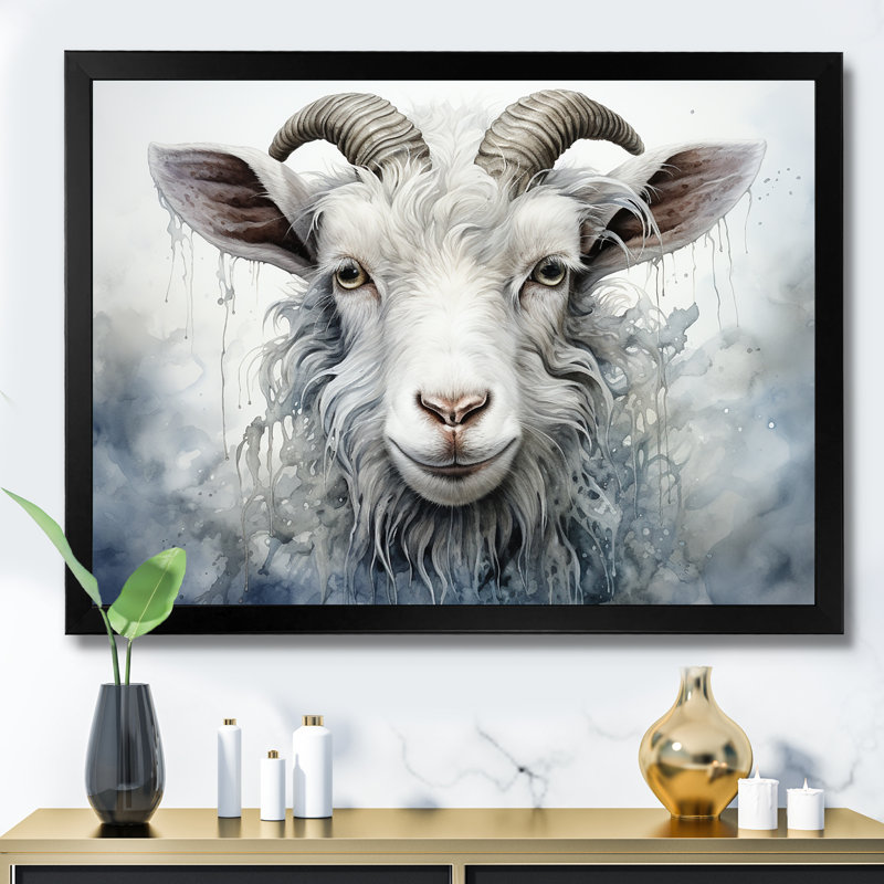 Portrait de chèvre en pâture blanche, Cadre d'angle fermé noir, H 12 po x l 20 po x P 1 po
