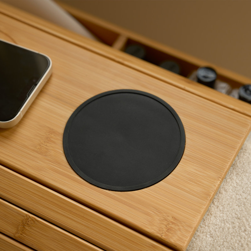 Plateau en bambou avec accoudoir pour canapé gauche avec chargeur sans fil 15 W, porte-gobelet et rangement
