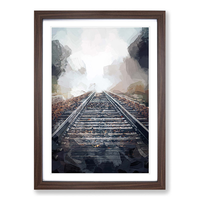 Train Tracks in the Mist in Abstract - Picture Frame Graphic Art Print, 50cm H x 35cm W x 2cm D, Walnut