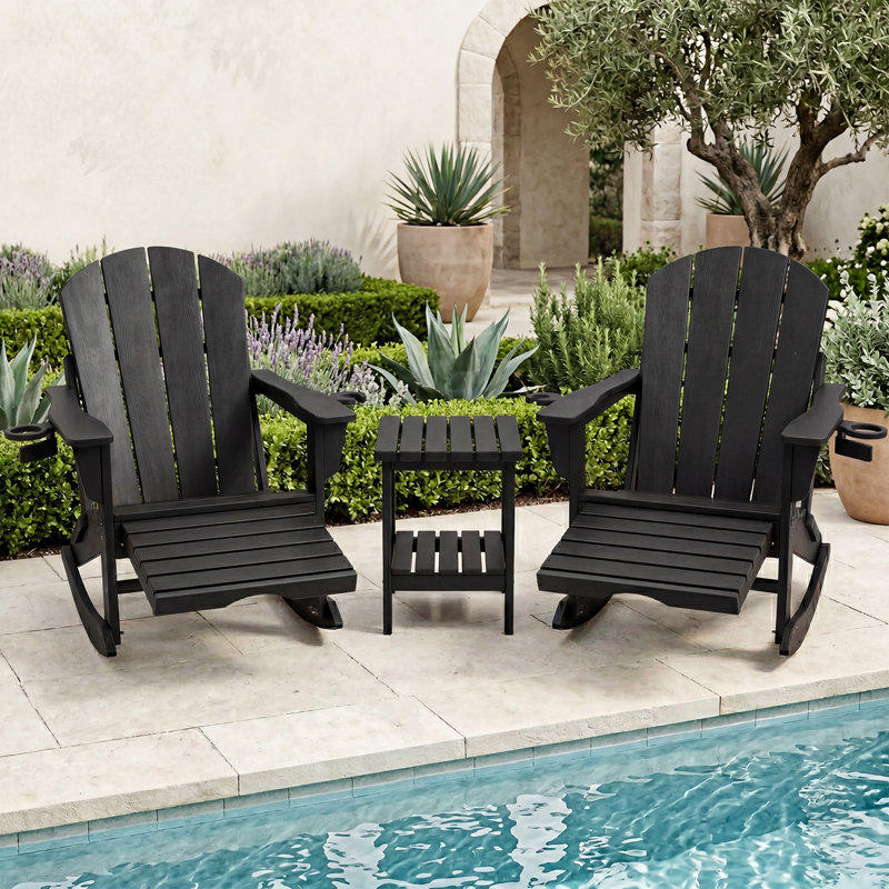 Rocking Outdoor Adirondack Chair Set with Ottoman & Patio Side Table, Black