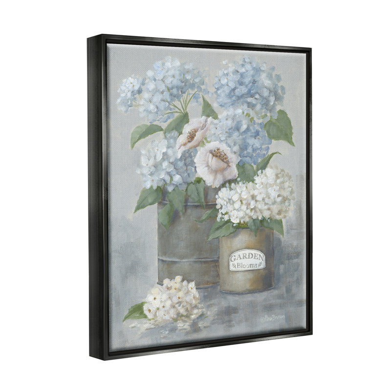 «Country Garden Blooms Hydrangeas Floater», art mural par Pam Britton, Cadre flottant noir de jais