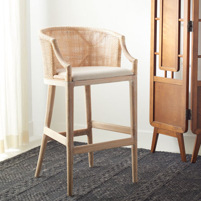 Tabouret de bar Morency Transitional - Structure en acajou avec dossier en rotin texturé et coussin en mousse
