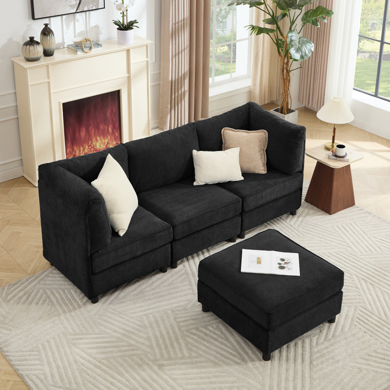 L-Shaped 4 Seat Modular Sectional Chenille Sofa With Ottoman, Black