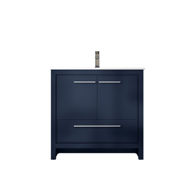 Meuble-lavabo bleu l 36 po x P 20 po avec comptoir en quartz blanc et robinet bronze industriel - armoire à fermeture en douceur 20 po, finition en métal, beaucoup d'espace de tiroir