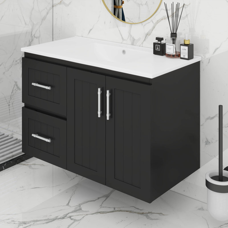 Ensemble de meuble-lavabo mural 36 po avec lavabo 36 po, 2 tiroirs, tablette réglable, Noir