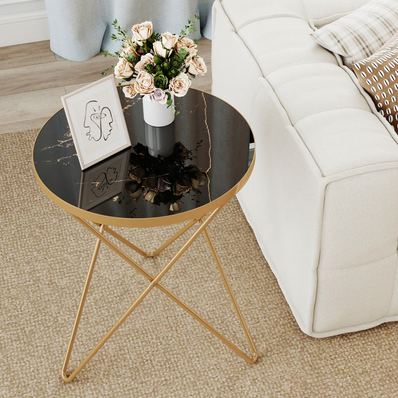 Modern Faux Marble Top Round End Table For Living Room, Bedroom, or Office, Black