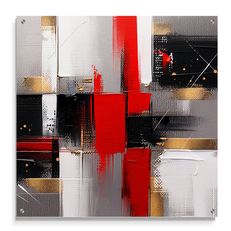 Rouge et or cubique abstrait I - cubisme, art mural acrylique, H 30 po x l 30 po