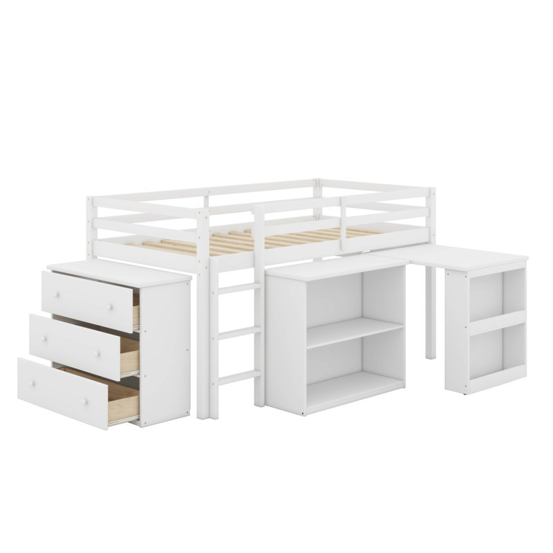 Lit mezzanine simple bas avec bureau coulissant, armoires de rangement, tiroirs et tablettes, lit mezzanine peu encombrant pour enfants, adolescents