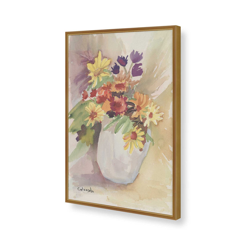 «Flowers in the Vase» par Stephen Calcasola, reproduction d'art sur toile, Impression sur cadre ouvert sans papier mat, Doré