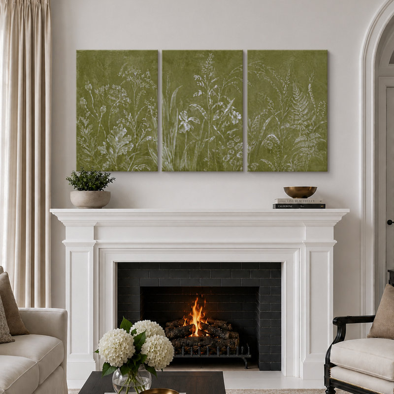 «Green Botanical Silhouette», art de chambre à coucher, impression sur toile encadrée, 3 pièces, H 24 po x l 48 po x P 1,5 po