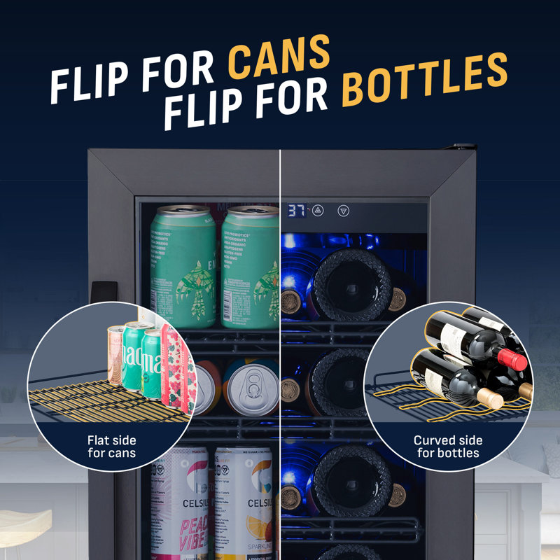 Newair Flipshelf 15" 80 Can Or 33 Bottle, Black Stainless Steel, Built-In Or Freestanding Wine And Beverage Fridge, Black