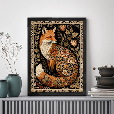 Reproduction d'art encadrée noire avec renard floral, cadre botanique classique