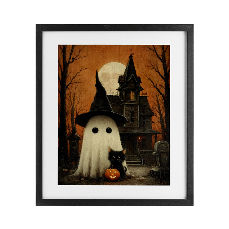 «Cute Ghost & Haunted House», reproduction sous verre encadrée, design par Arlington Prints, Cadre noir minuit