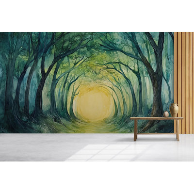 Forest Green Wallpaper - Forest Tunnel Mural – Enchanted Green Trees Wall Art With Golden Sunlight Path