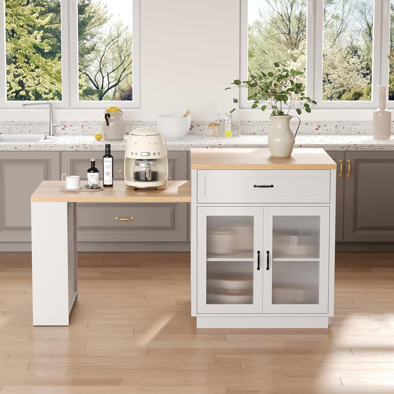 73" Kitchen Island with Extendable Table for 2-6, Rolling Kitchen Cart with Storage Cabinets, Drawers and Power Outlet, Mobile Kitchen Island Cabinet
