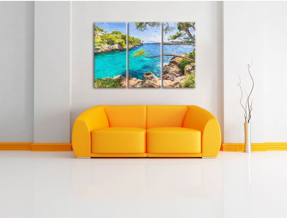 3-tlg. Leinwandbilder-Set „Idyllische Ansicht des Mittelmeers am Mallorca Bay Cove“, Grafikdruck