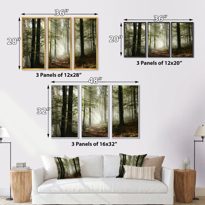 «Light In Dense Fall Forest With Fog», ensemble d'art mural sur toile encadré paysage, H 32 po x l 48 po, Or