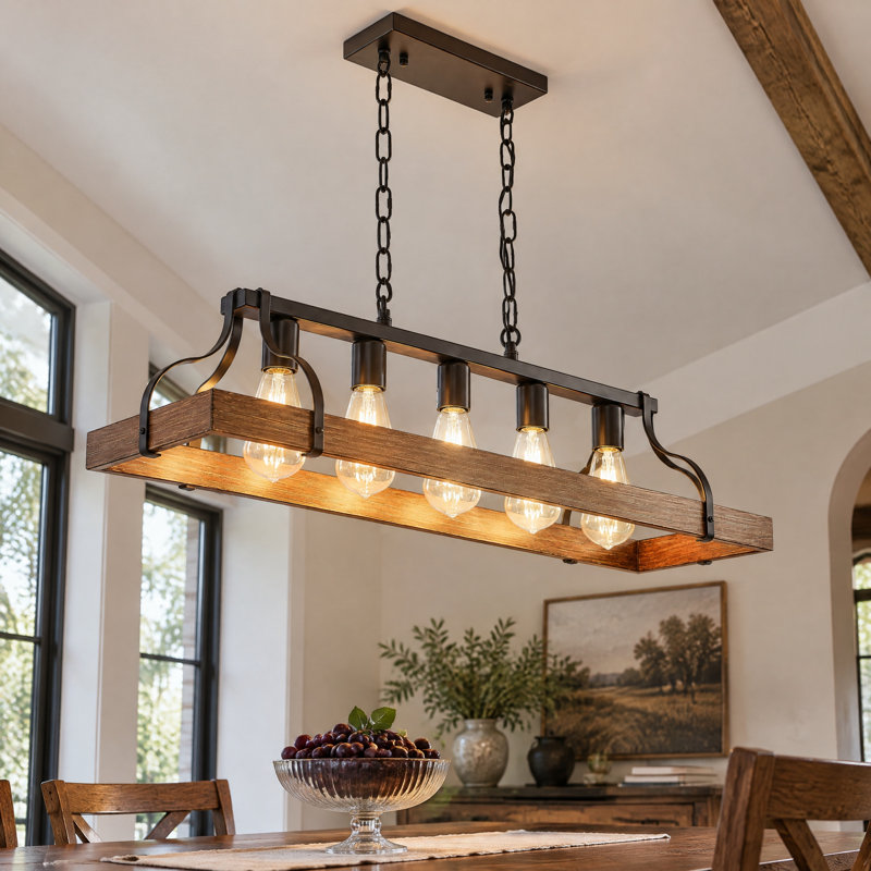 Lustre linéaire à 5 lumières de 86 cm (34 po) avec fini noyer, suspension pour îlot de cuisine de style campagnard, Noyer