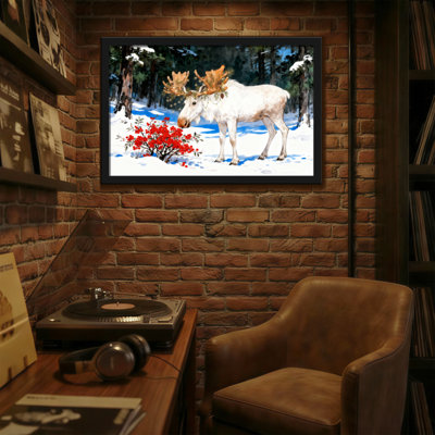 Christmas White Moose In Snowy Forest With Red Berries