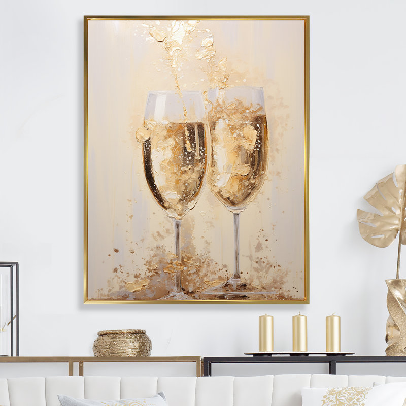 Golden Champagne In Glass III - Champagne, art mural, H 32 po x l 24 po x P 1 po, Cadre flottant doré