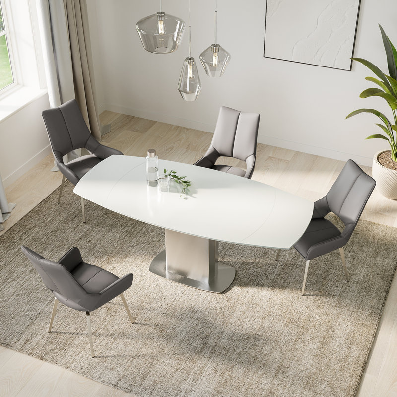 Conanso Oval Glass Top Dining Table, Brushed Steel/White