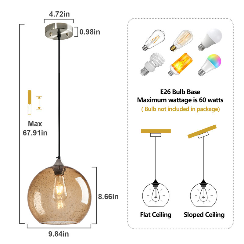 Aarunya 1 - Light Single Pendant Kitchen Island Lighting Globe Pendant Light Fixtures Modern Pendant Lighting, Coffee