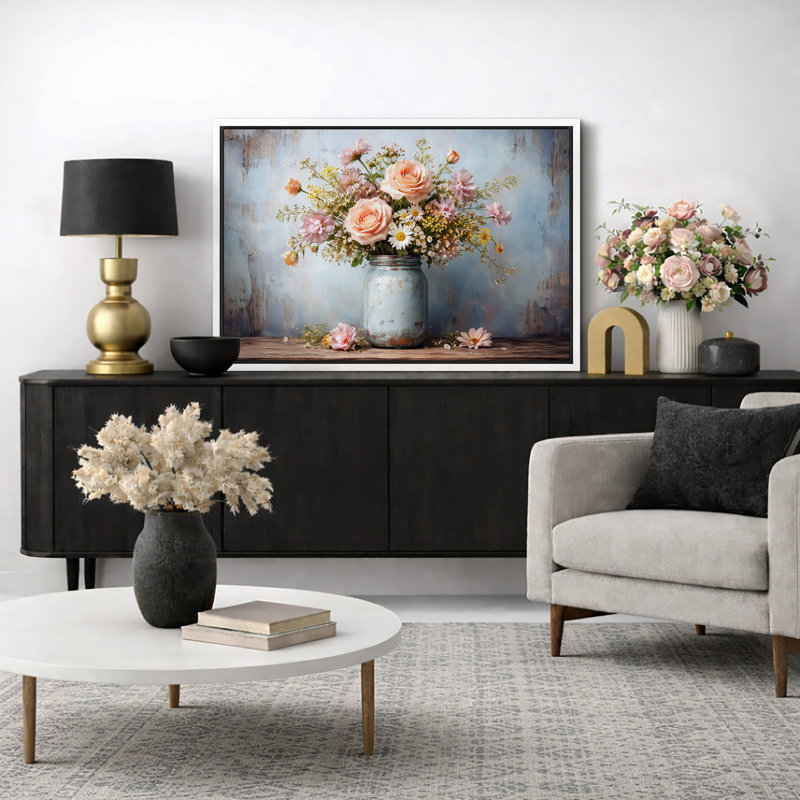 «Flower Jar Artwork Floral Arrangement», reproduction d'art sur toile encadrée, H 24 po x l 36 po x P 1,5 po, Cadre blanc