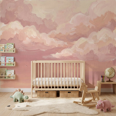Papier peint rose avec nuages décoratifs pastel Sky Sunset Haze