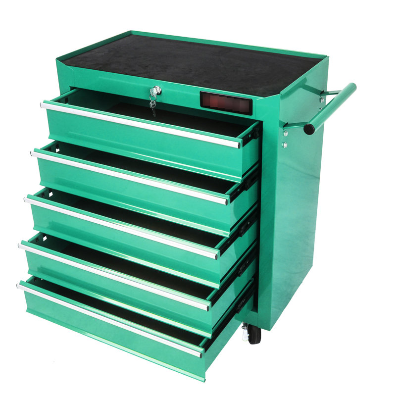 Rangement 5 outils avec serrure et 4 roulettes pour le garage - Coffre d'atelier 5 tiroirs verrouillables, Vert