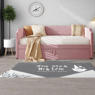 Space-saving Twin Beds, Velvet Upholstered With Extendable Trundle, Ideal For Modern Homes