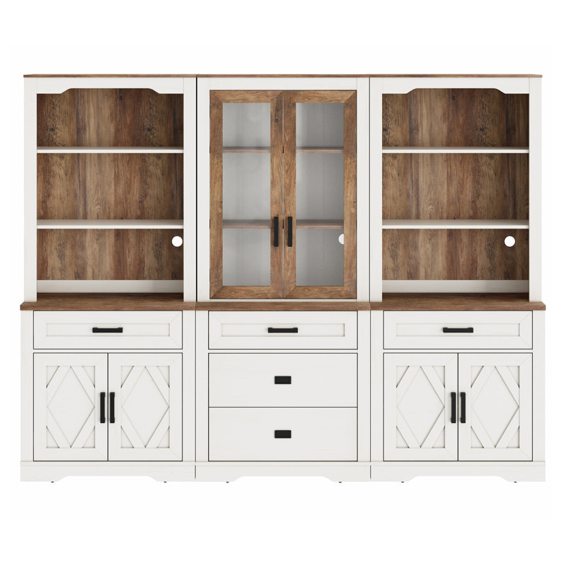 Modern Farmhosue 3-Column Bookcase Set With Adjustable Shelves,73" H Tall Wood Bookshelves With Storage Cabinet And Drawers,White&Oak