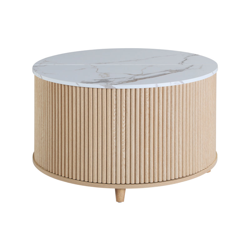 Table basse de rangement ronde cannelée 31,5 "avec plateau en marbre blanc et porte coulissante en chêne clair