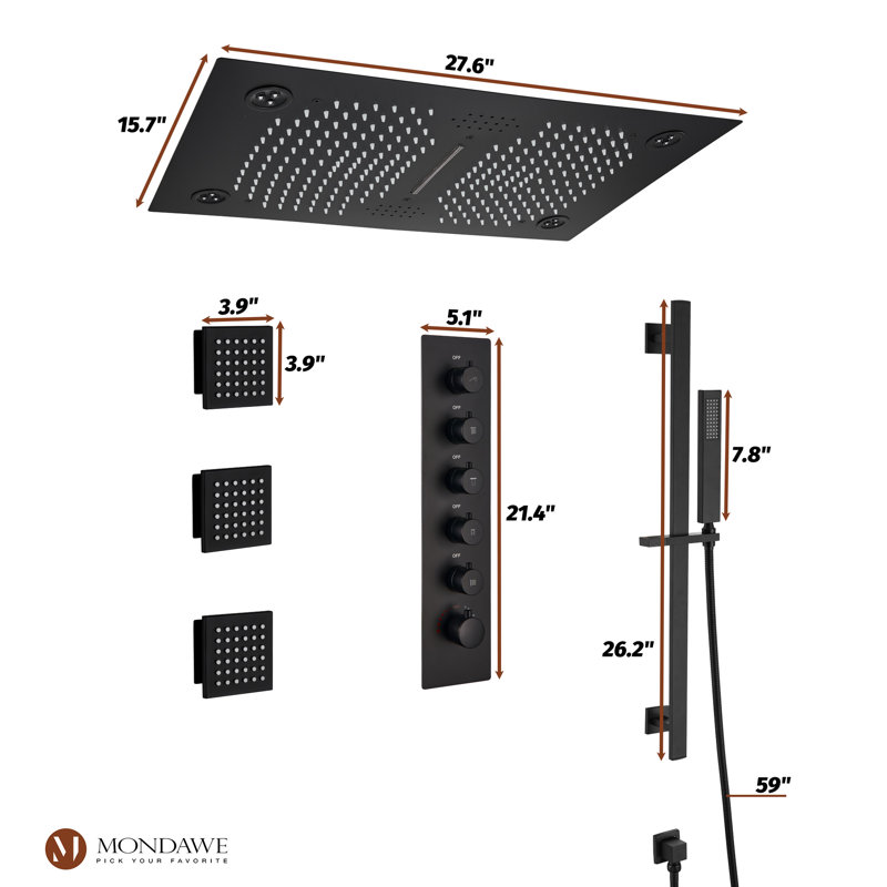 Système de douche thermostatique complet avec valve brute AquaRhapsody, Noir mat