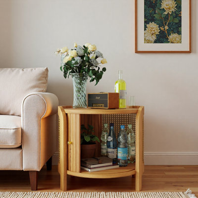 Table de bout rotative moderne avec rotin et rangement caché