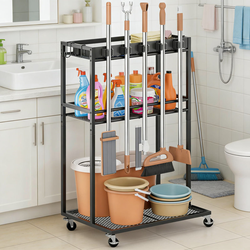 All-In-One Cleaning Cart With Broom Holder And Storage Shelves, Freestanding Janitorial Organizer With Wheels For Laundry Room, Kitchen, Bathroom And Utility Closet