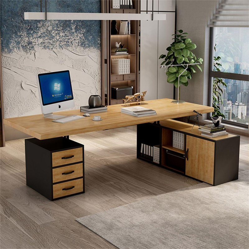 Bureau Burlywood + bois rectangulaire noir + fer avec bureau à 3 tiroirs, H 29,53 po x l 78,74 po x P 55,12 po