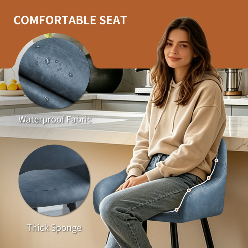 Faux Leather Upholstered Bar Stools with Armrests, Blue Grey